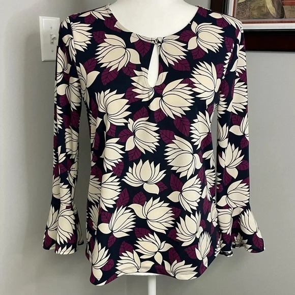Ann Taylor Factory Long Sleeve Floral Purple Black Ruffle Blouse Top Size XS - Picture 1 of 5